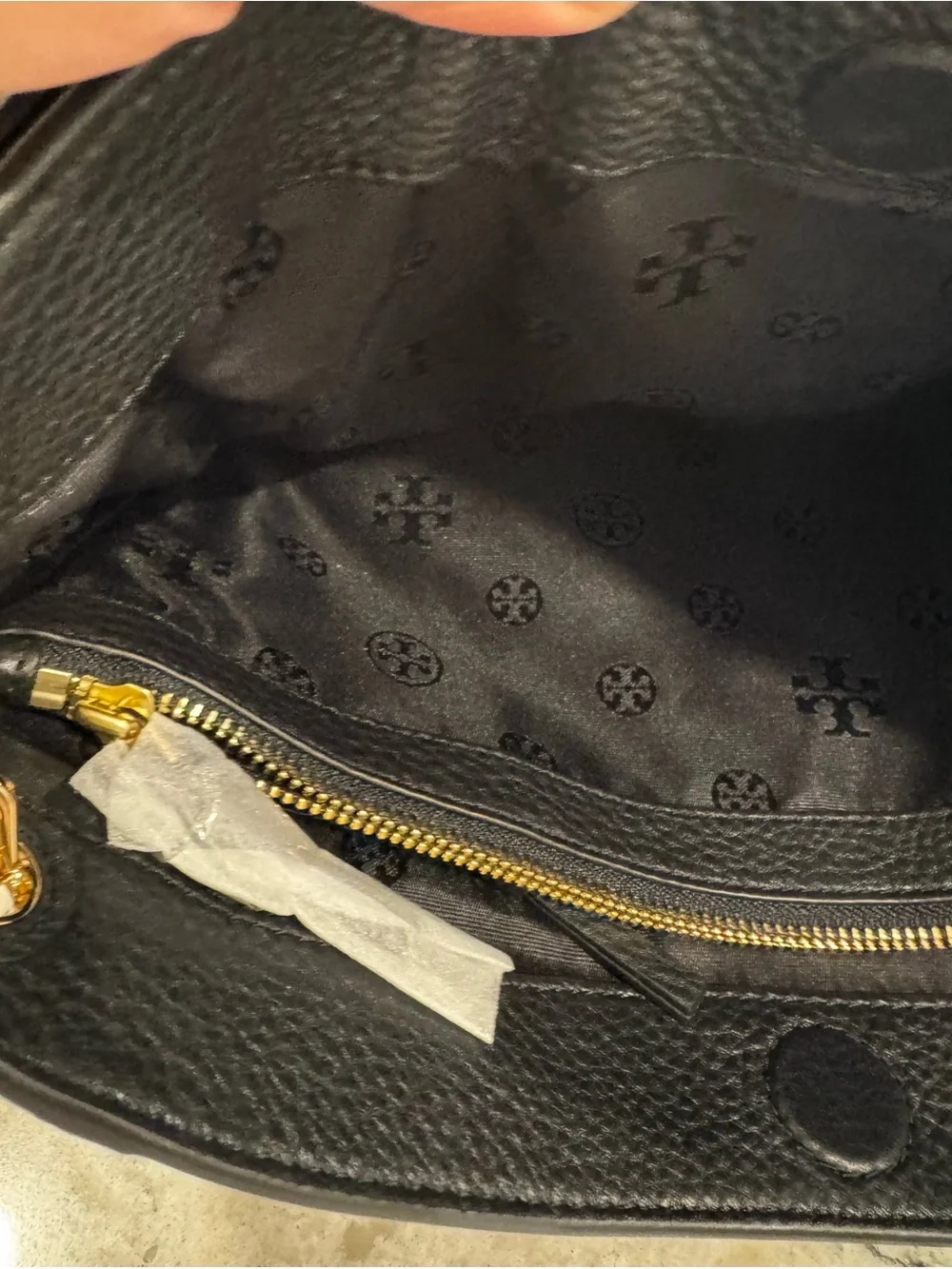 Tory Burch Black Leather Shoulder Tote with Gold Logo & Chain